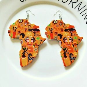 African Map Tribal Art Wood Earrings